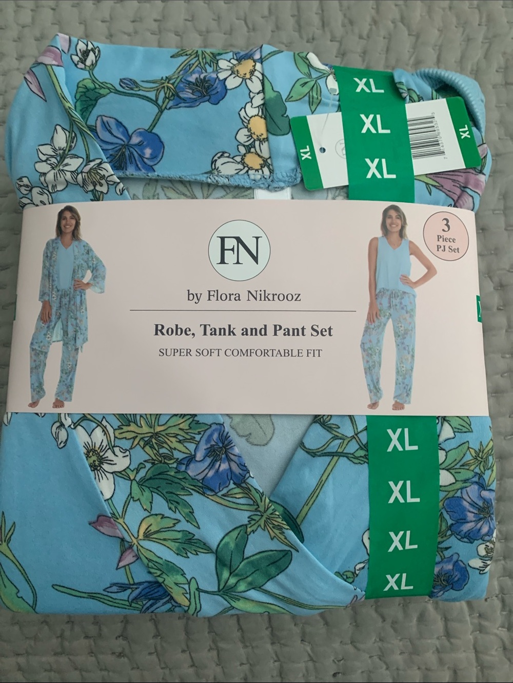Flora Nikrooz Light Blue Floral Robe, Tank & Pants Pajama Set